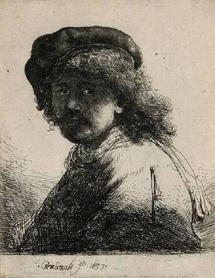 Self-Portrait in a Cap and Scarf with the Face Dark: Bust (B., Holl. 17. H. 108) by Attributed to Rembrandt Harmensz van Rijn