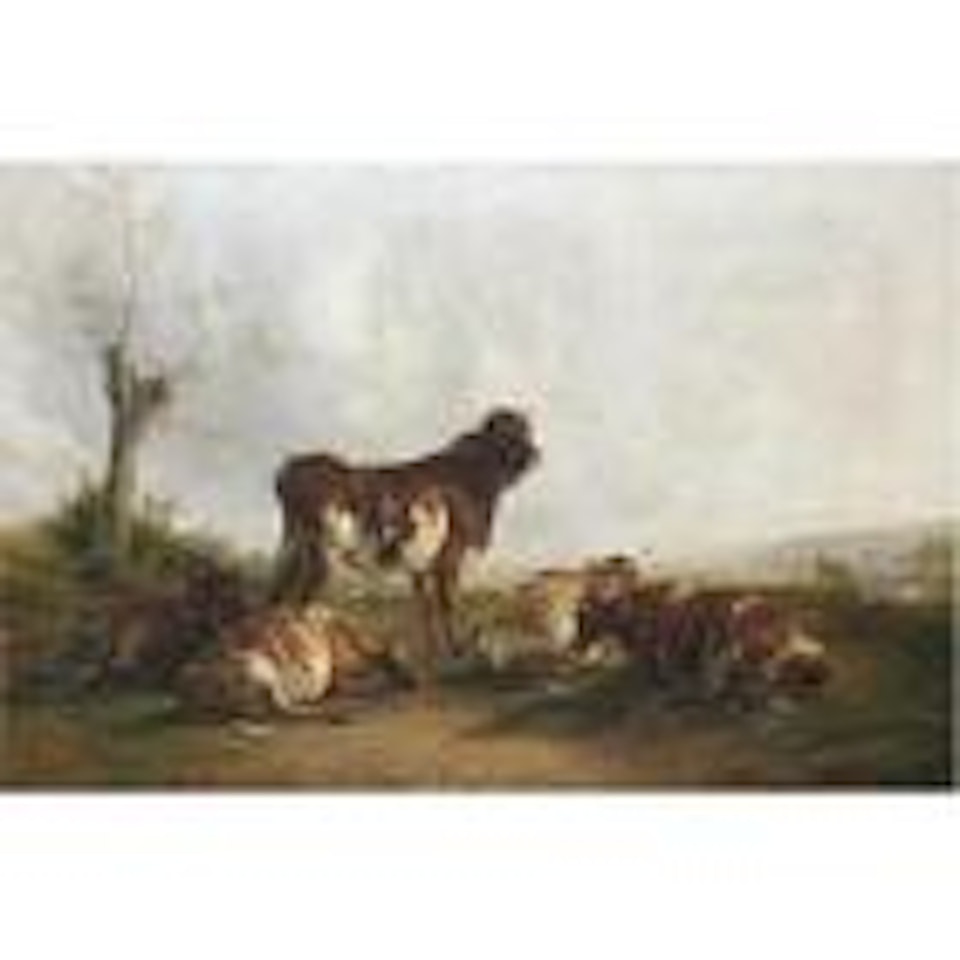 Four cows and a bull on the Stour meadow by Thomas Sidney Cooper
