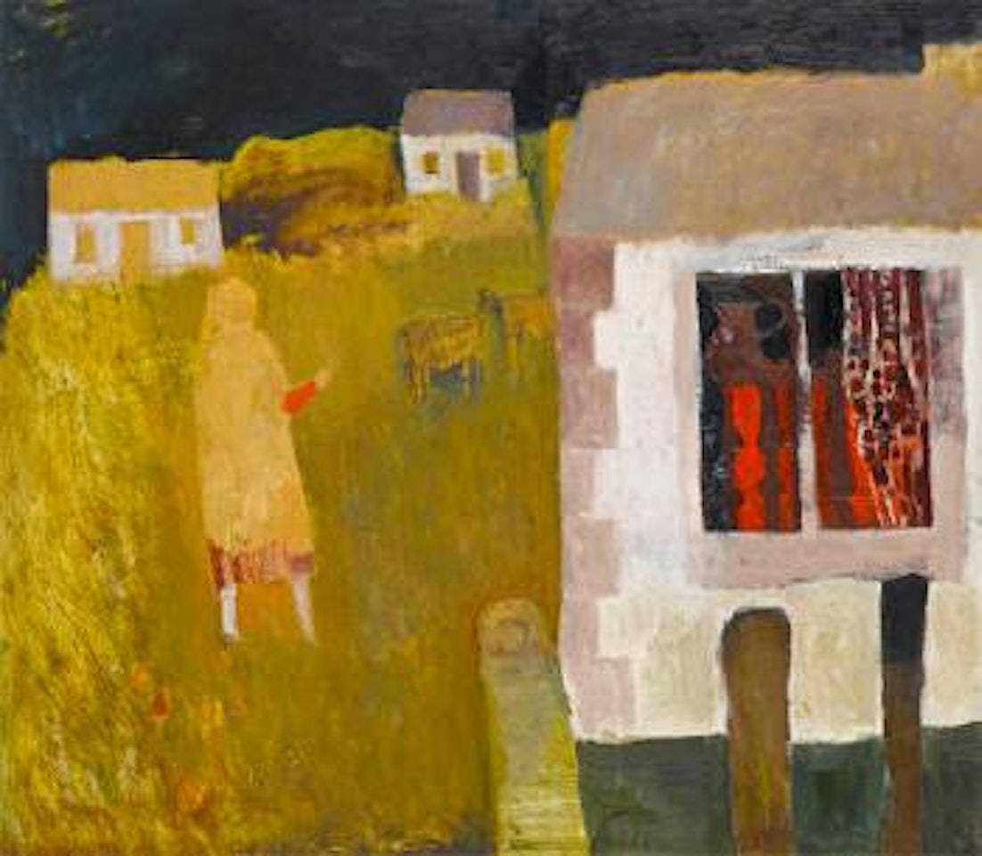 Village with a figure and goats by Mary Newcomb