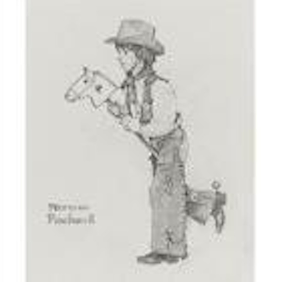 Boy riding stick horse by Norman Rockwell