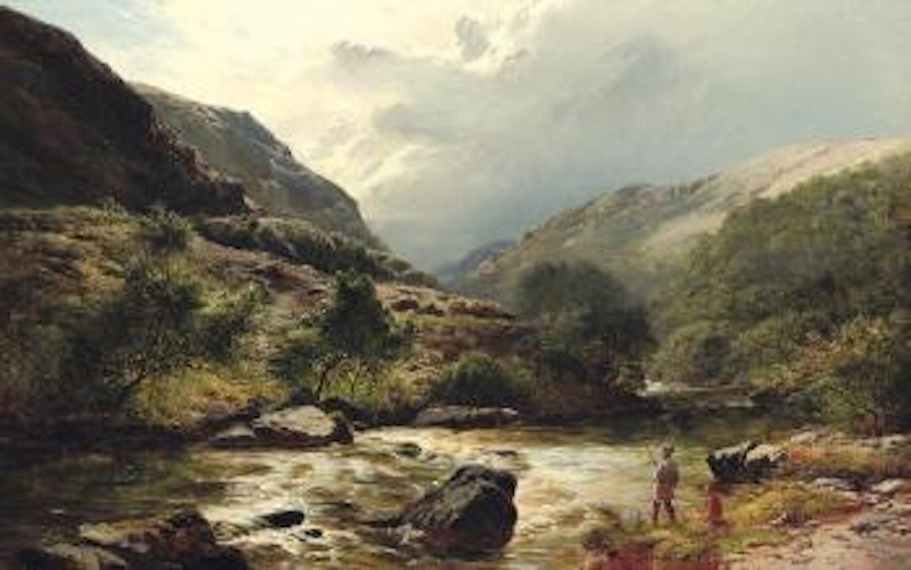 Fishing on a highland river by Sidney Richard Percy