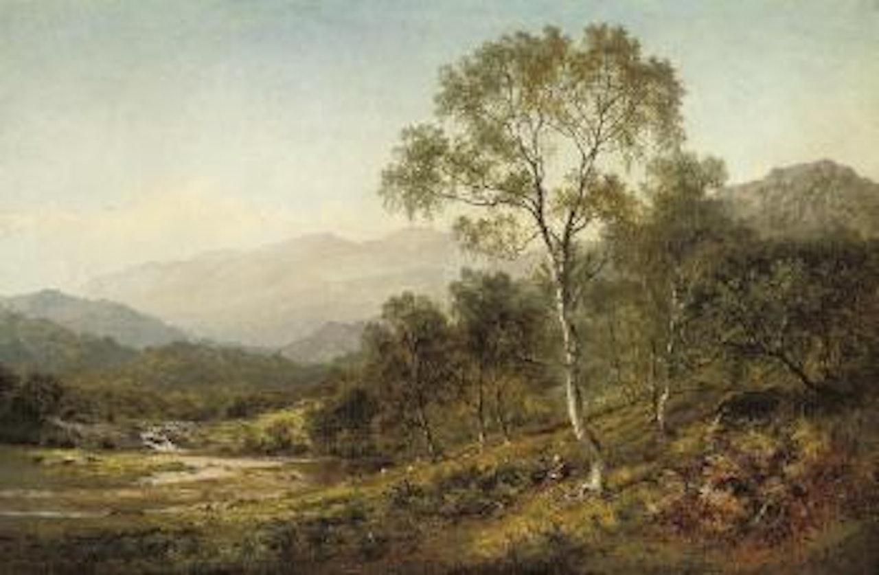 Birch trees on the hillside below Capel Curig by Benjamin Williams Leader