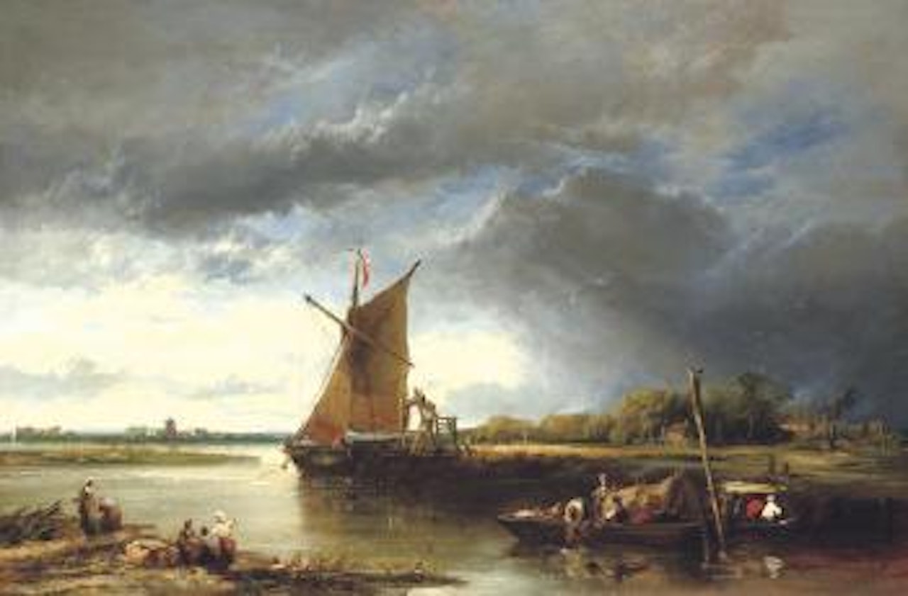 A barge in a Norfolk landscape by James Webb