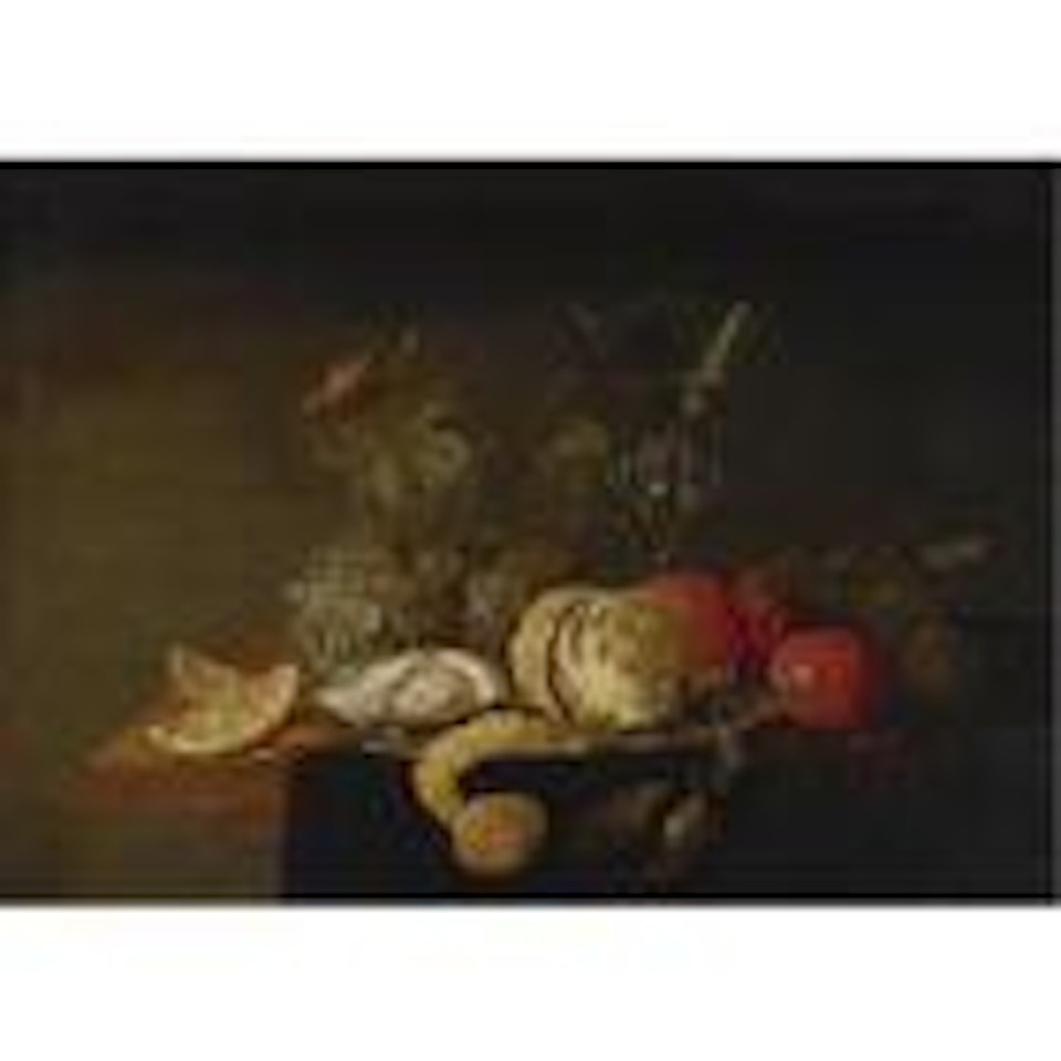 Still life with a peeled lemon, orange slices, an oyster, plums, grapes and a facon-de-Venise glass filled with white wine displayed on a partially draped table by Jan Davidsz de Heem
