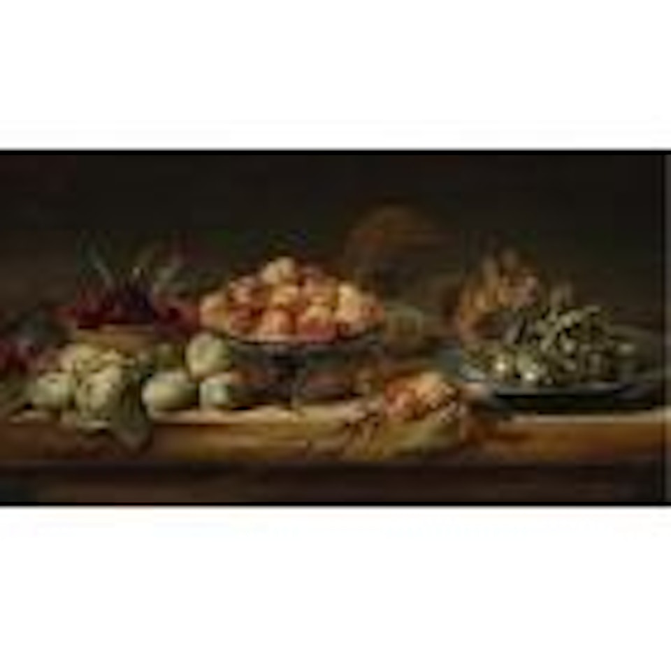 Still life with peaches in peaches in a tazza, hazelnuts on a pewter plate, raspberries in a basket, with pears and a squirrel on a table by Frans Snyders