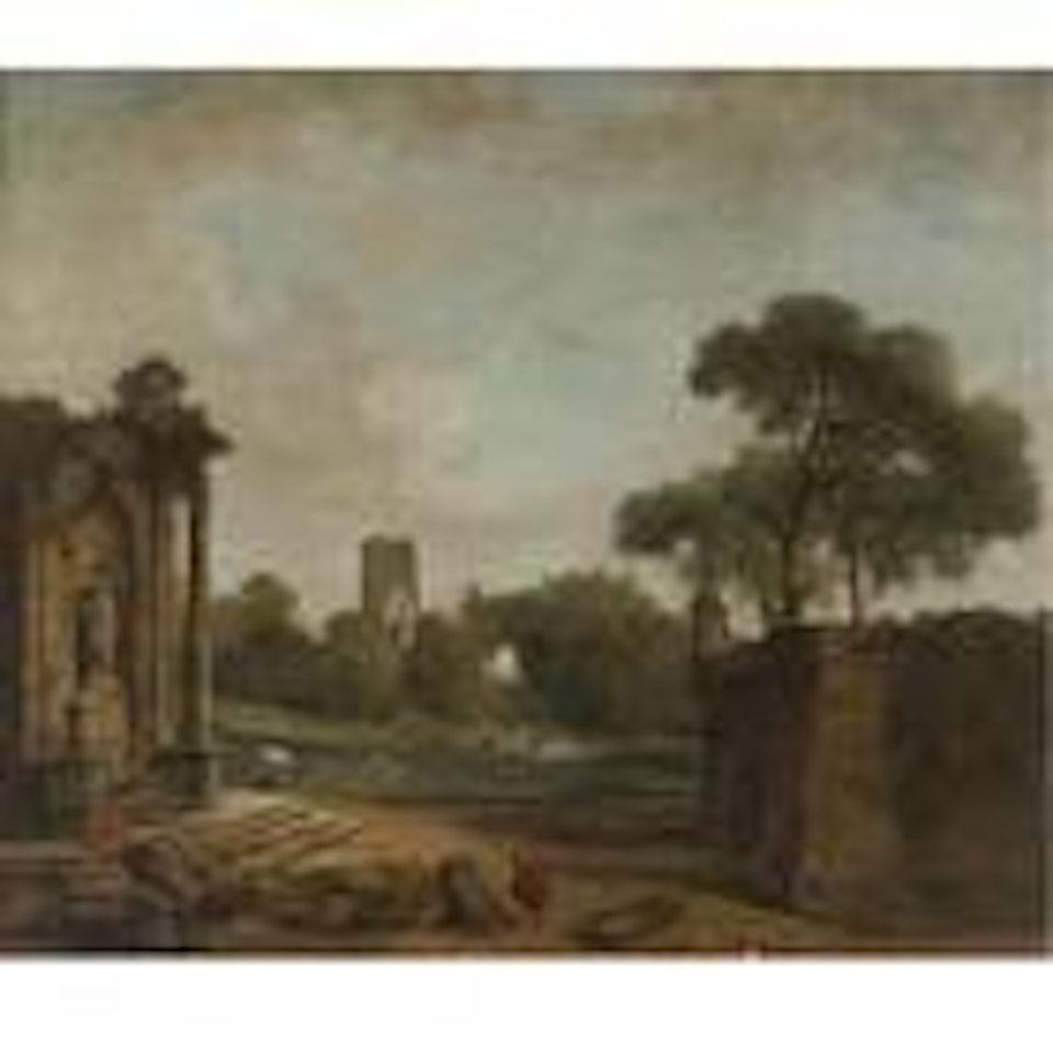 Figures in a landscape with Roman ruins and a Gothic tower by Hubert Robert