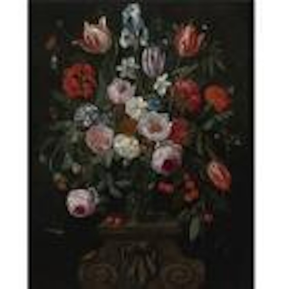 Still life of tulips, roses, a whitish iris, cherries, peas and other flowers in a roemer surrounded by numerous insects on a carved stone plinth by Jan Van Kessel The Elder