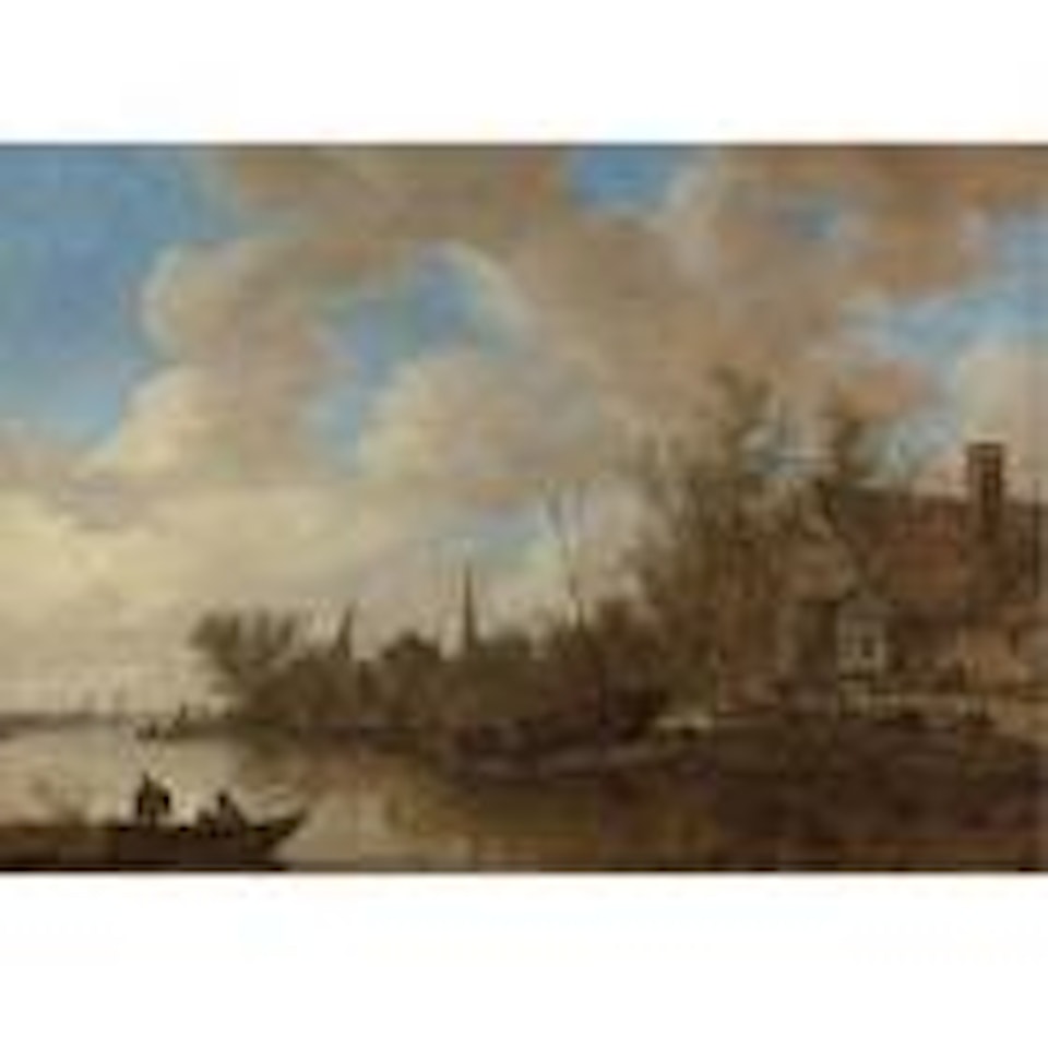 River landscape with men fishing from boats and men repairing a boat before a wooden house by Jan van Goyen