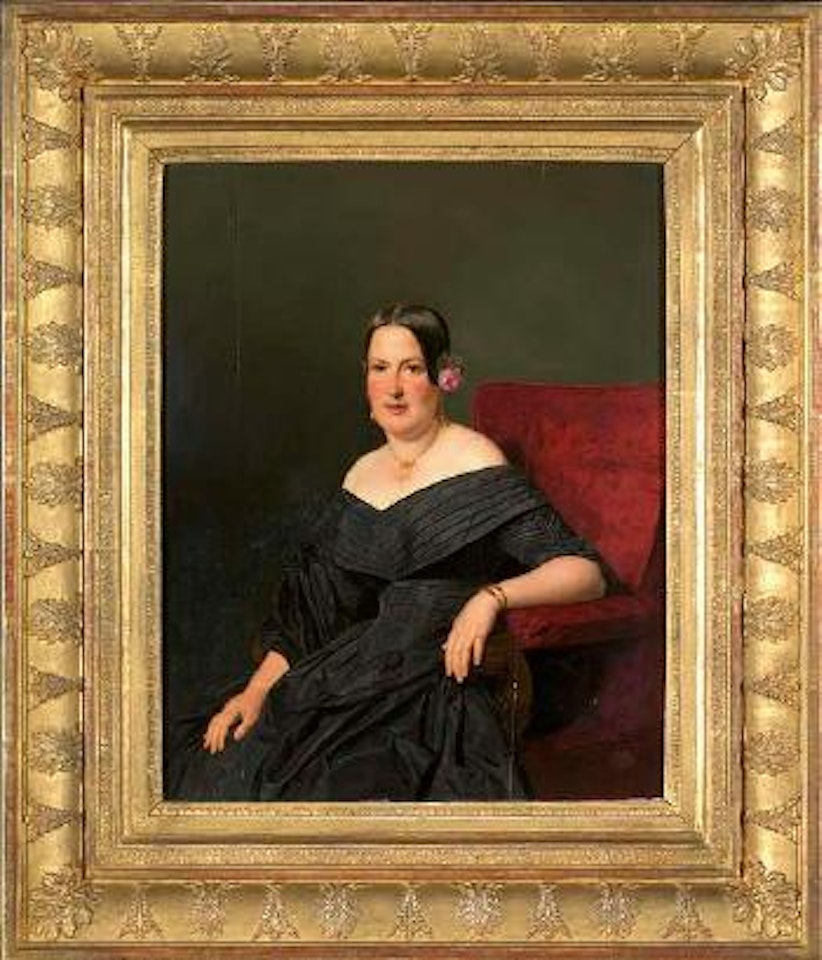 Bildnis einer eleganten Dame in schwarzem Kleid, in einem roten Lehnstuhl sitzend by Ferdinand Georg Waldmüller