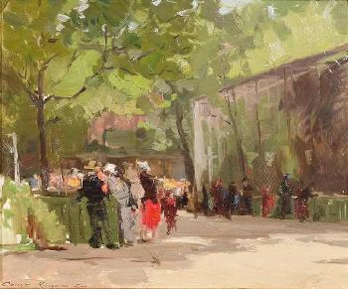 Ein Sommertag im Zoo, Zahlreiche Besucher stehen an den Tiergehegen by Konstantin Alekseevich Korovin