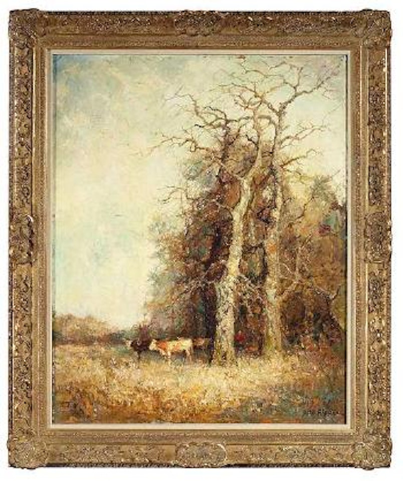 Herbstsonne, Kühe und Bäuerin am Waldrand by Otto Pippel