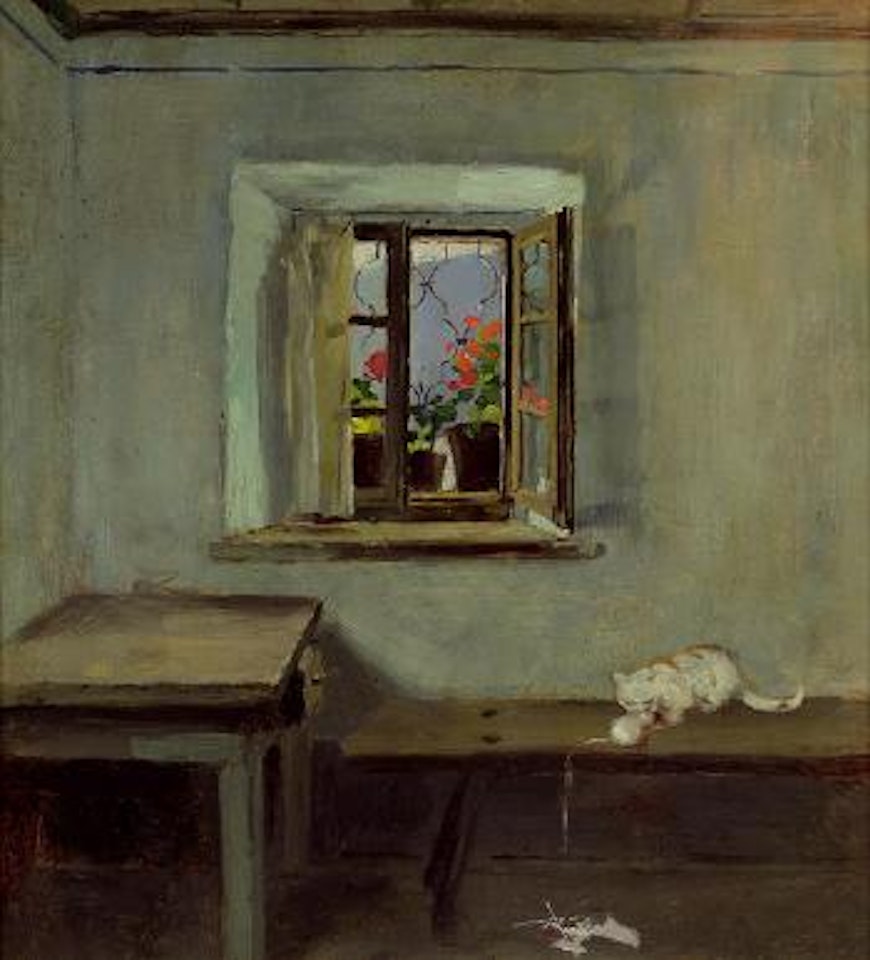 Bauernstube mit offenem Fenster by Albin Egger-Lienz