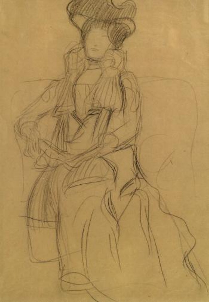 Bildnis Marie Henneberg - Im Lehnstuhl sitzend nach links mit Hut by Gustav Klimt