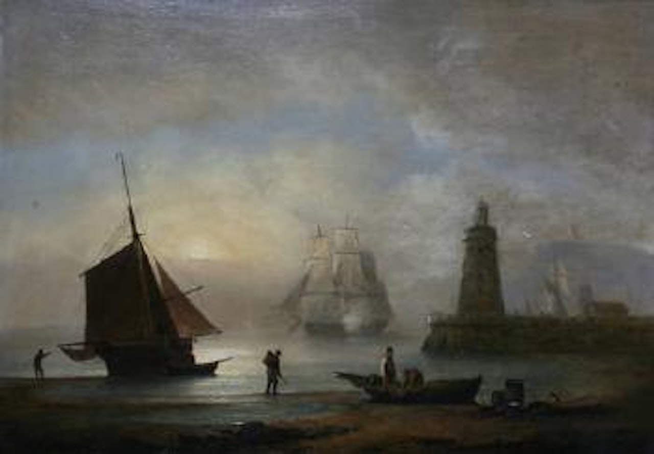 Shore scene with fishermen tending their nets by Thomas Luny