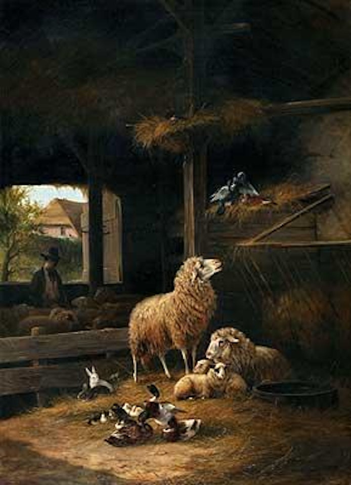 Stallidylle mit Schafer, Kaninchen, Tauben und Enten by August Knip
