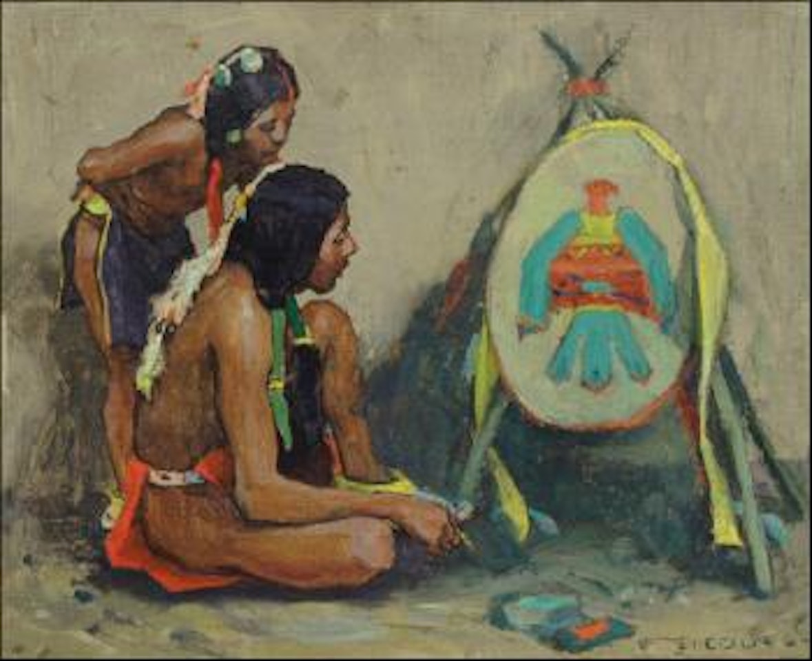 Two Indians and war shield by E. Irving Couse