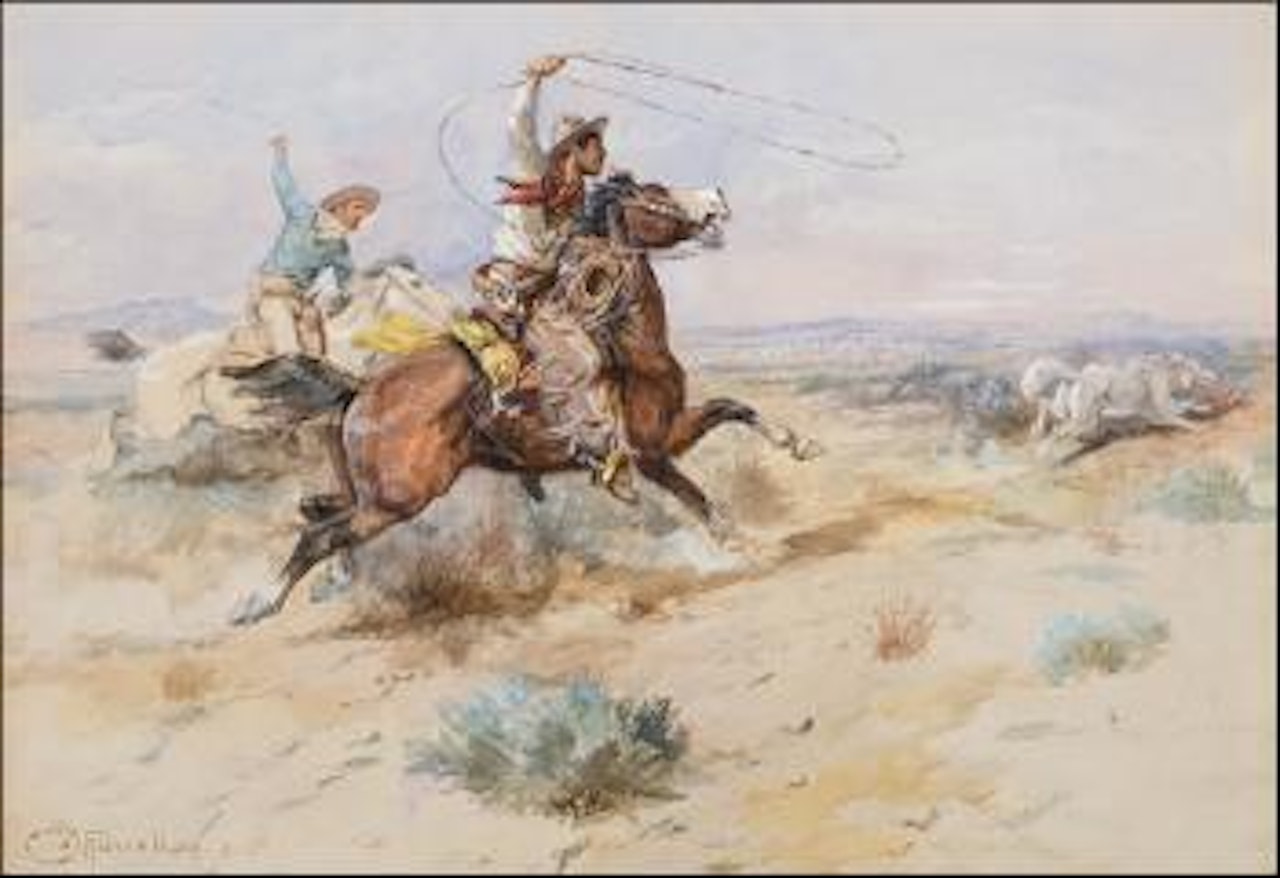 Roping a white wolf by Charles M Russell