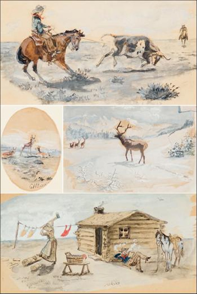 The Old West: Antelopes. Steer roper. Woman chopping wood. Elk by Charles M Russell