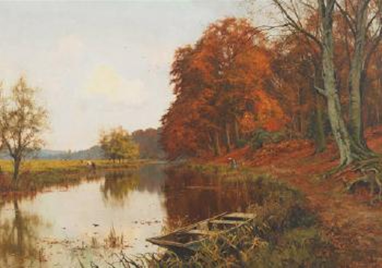 Autumn river scene with moored boat by Edward Wilkins Waite