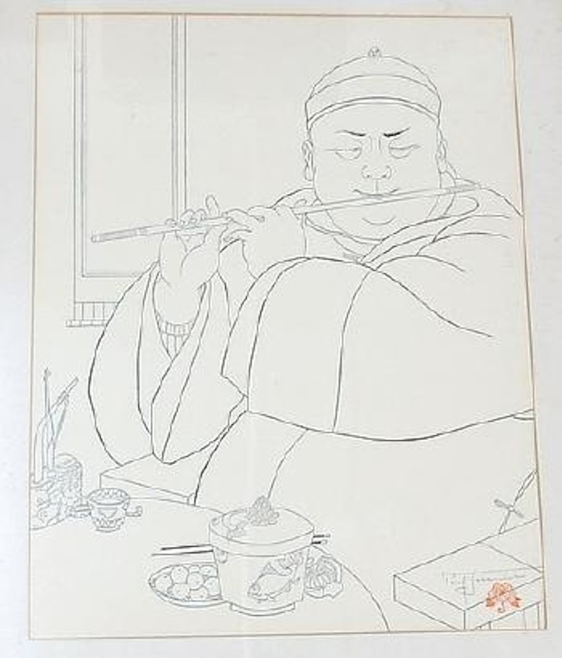 Man playing flute by Paul Jacoulet