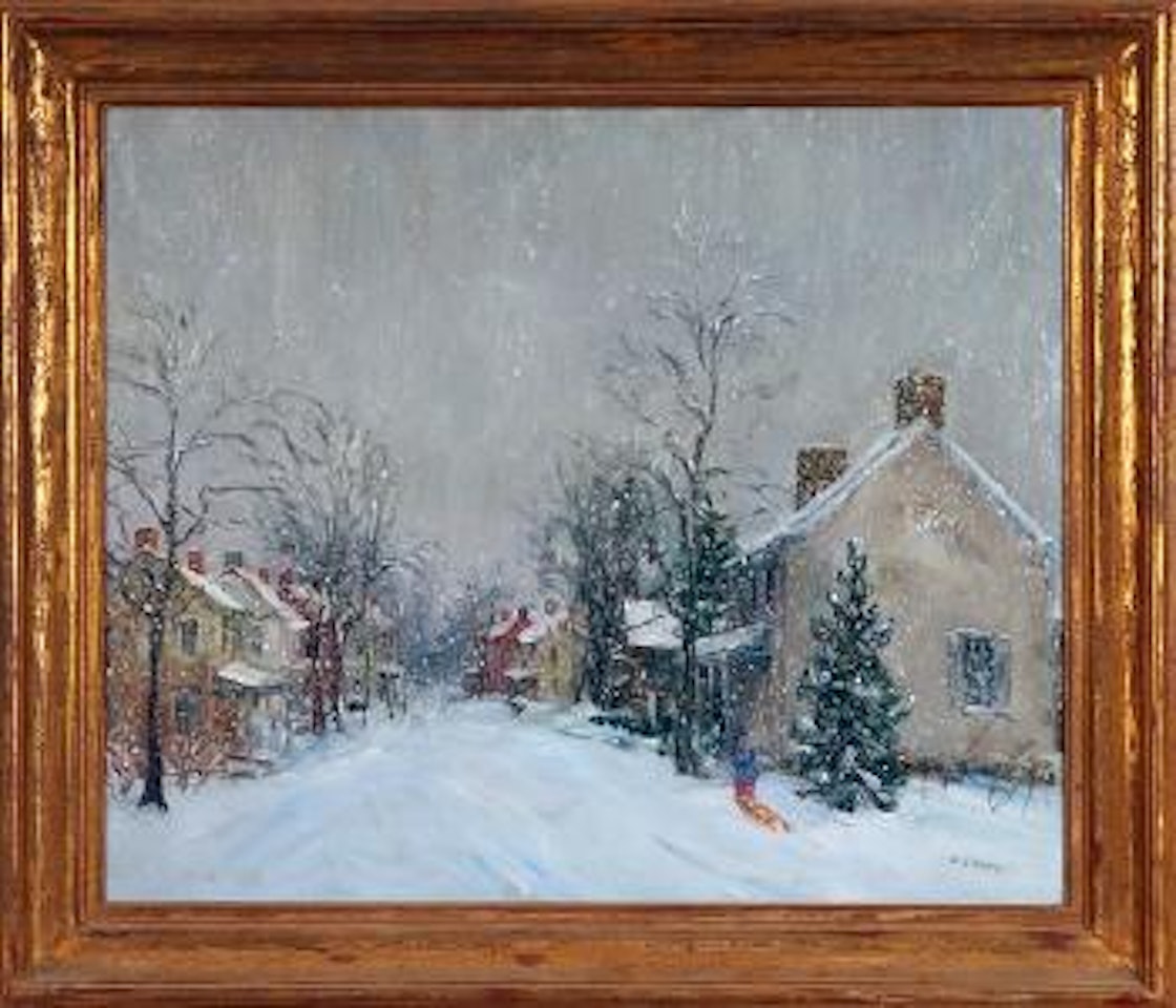 Winter scene of village with snow falling by Walter Emerson Baum
