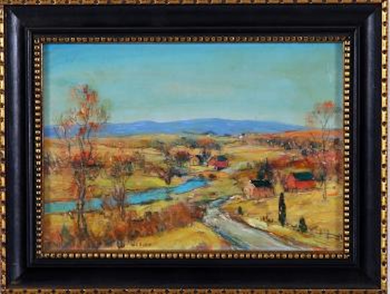 Winter view overlooking landscape with houses in distance by Walter Emerson Baum