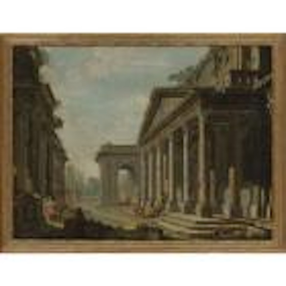 Figures Among Classical Ruins With Gardens Beyond by Giovanni Ghisolfi