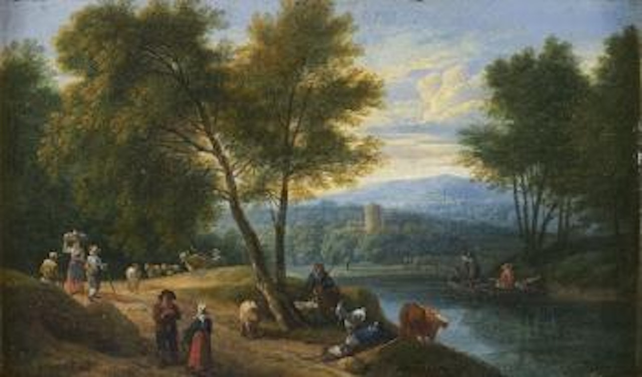 Paysage animé au bord d'une rivière by Pieter Bout