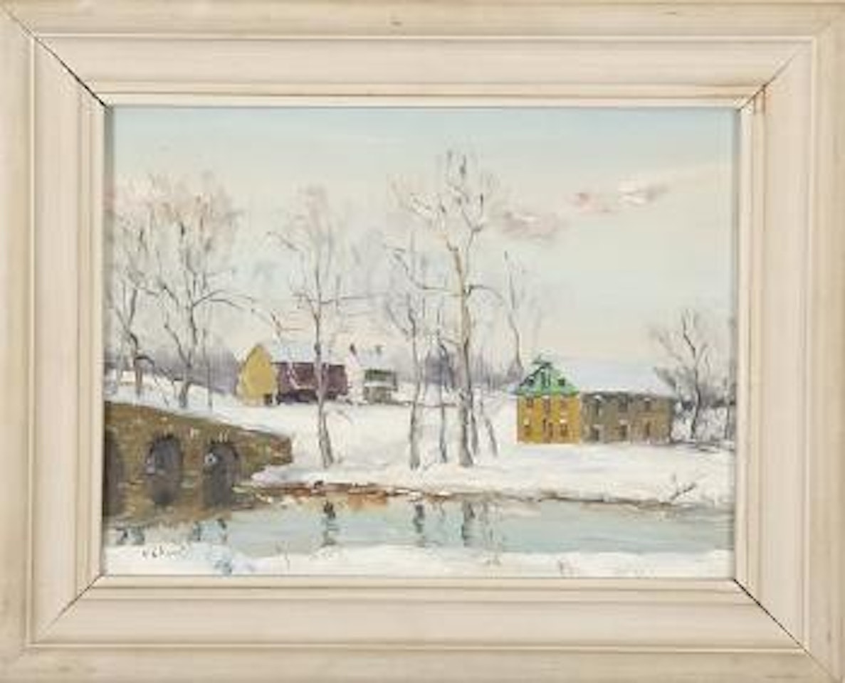 Winter scene with bridge and mil by Walter Emerson Baum