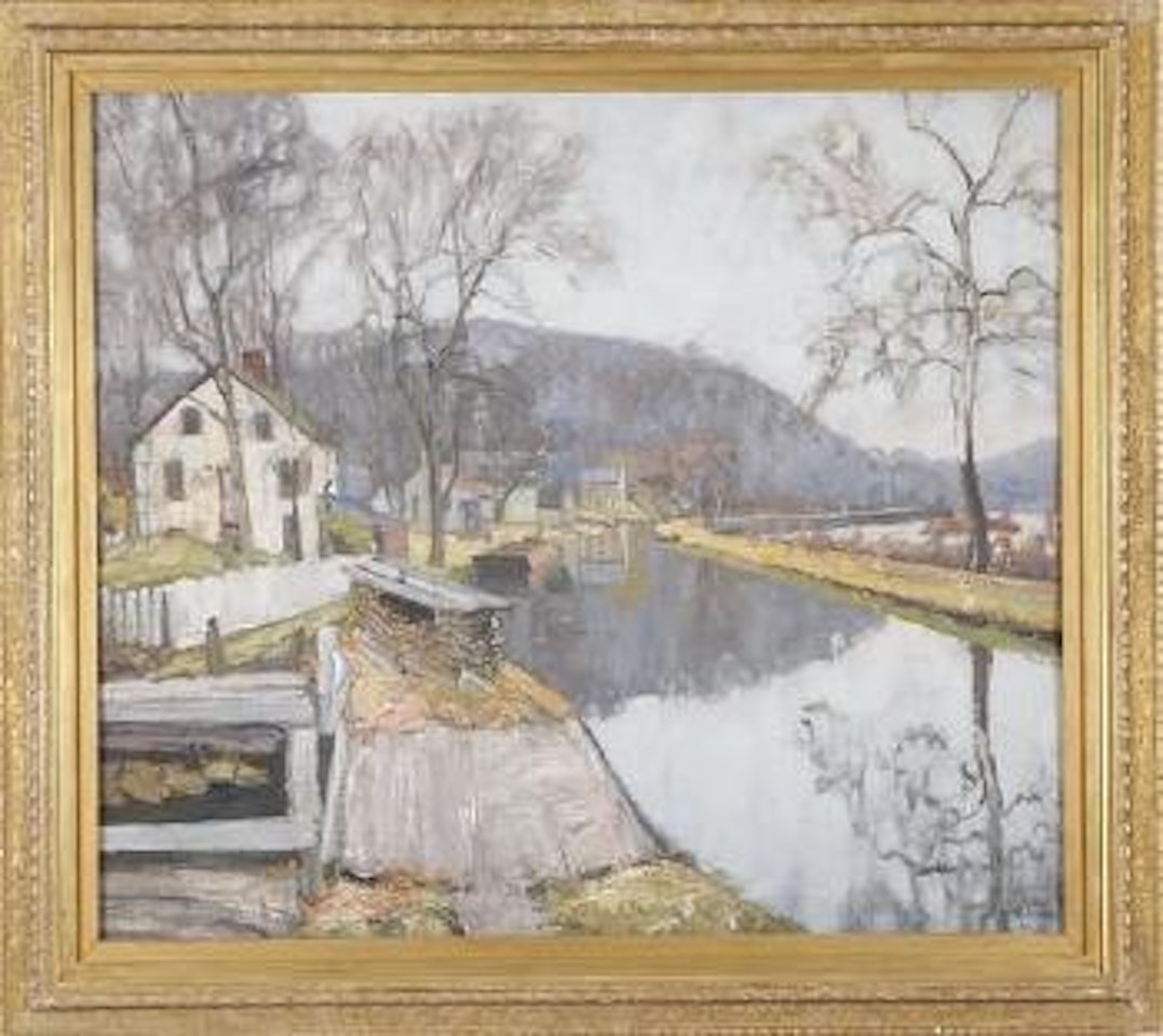 Canal scene along the Delaware River; Winter landscape with house and shed by Walter Emerson Baum