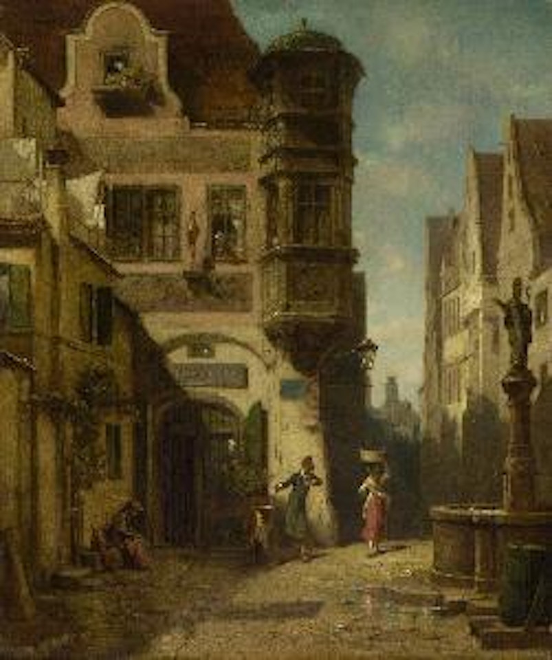 Der verliebte Provisor (Vor der Apotheke mit Provisor), vor der Storchenapotheke rührt der Provisor in einem großen Mörser by Carl Spitzweg