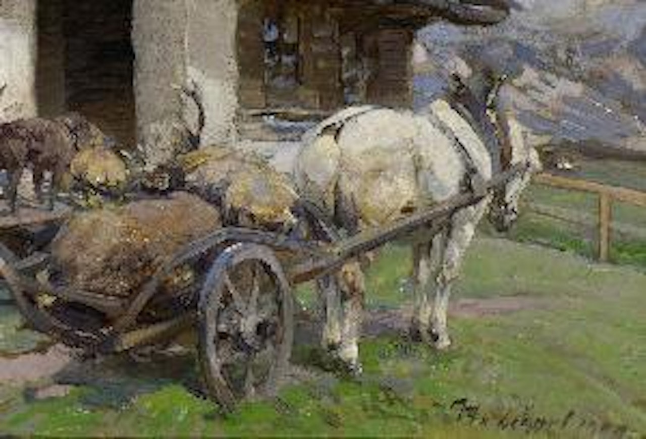 Pferdekarren mit Jagdbeute vor der Almhütte by Heinrich von Zugel