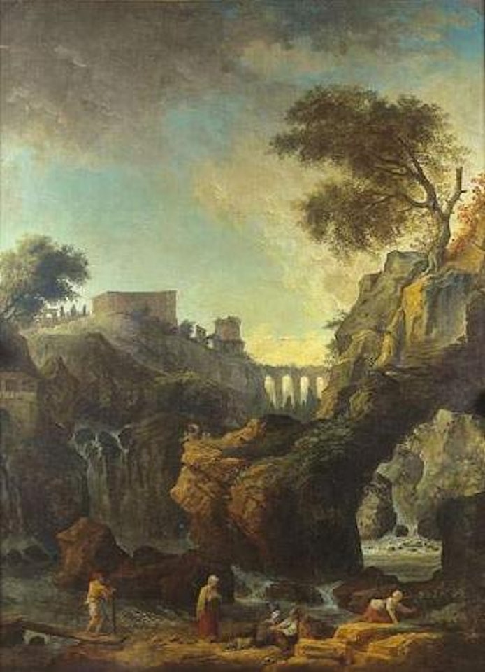 Forteresse dominant une cascade dans un paysage animé de promeneurs by Hubert Robert
