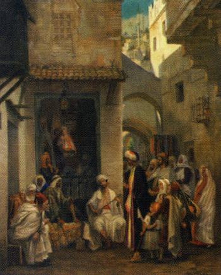 Arab musician and figures in a passage by Jean Léon Gérome