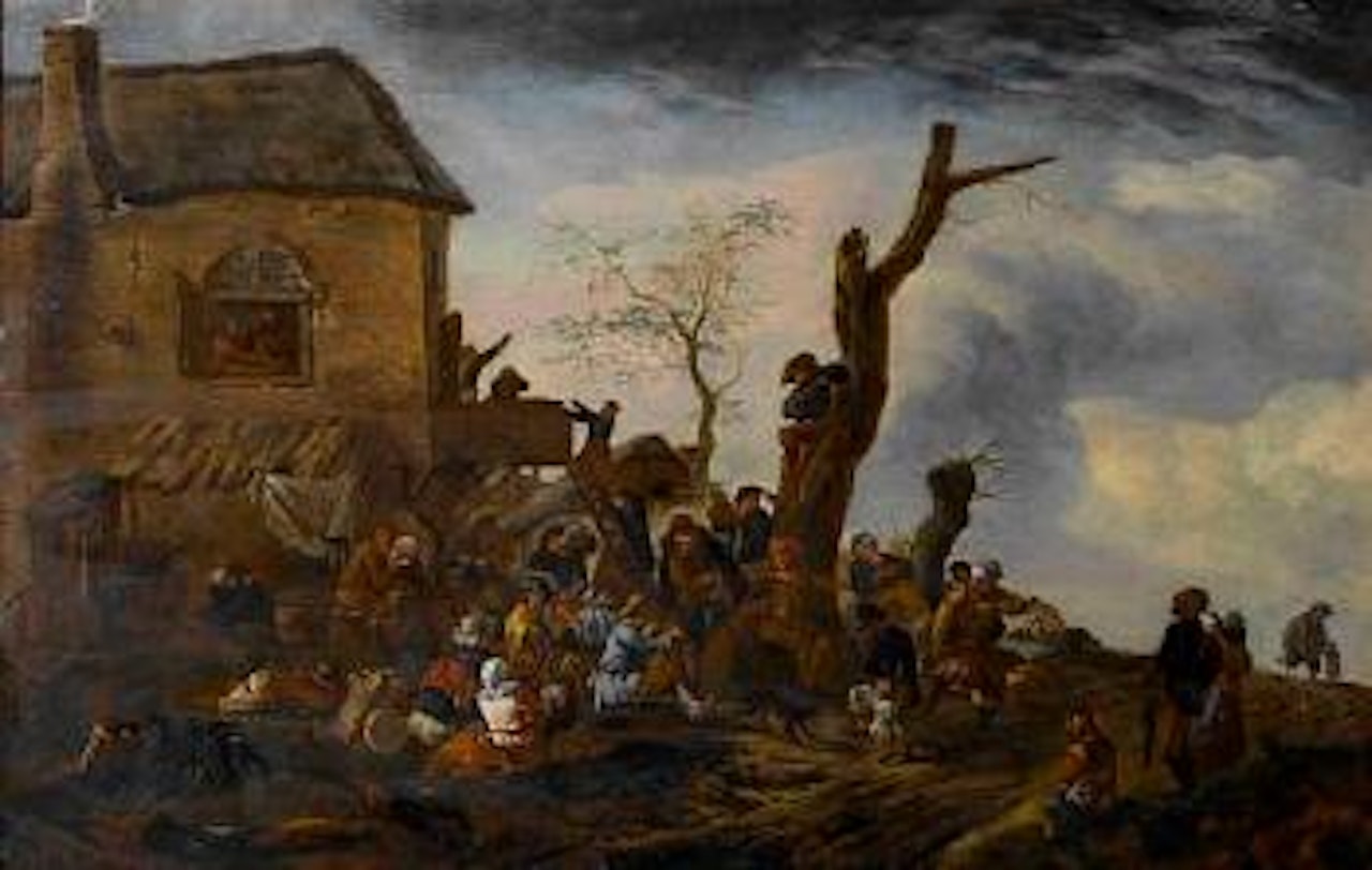 Peasants making music outside an inn by Philips Wouwerman