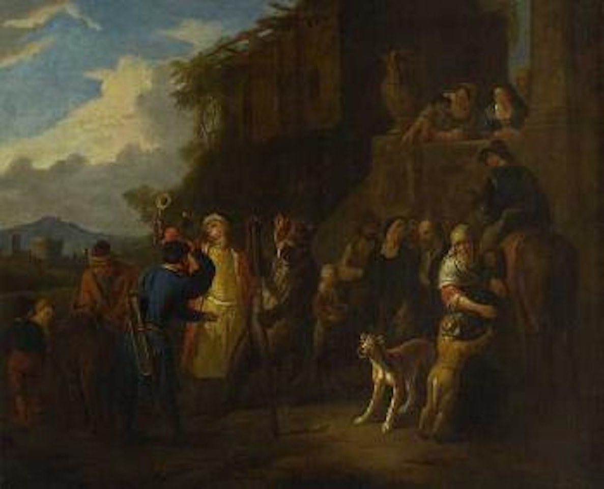 Jahrmarktszene, Schausteller mit einem Tanzbären kündigen ihren Auftritt an by Pieter van Bloemen