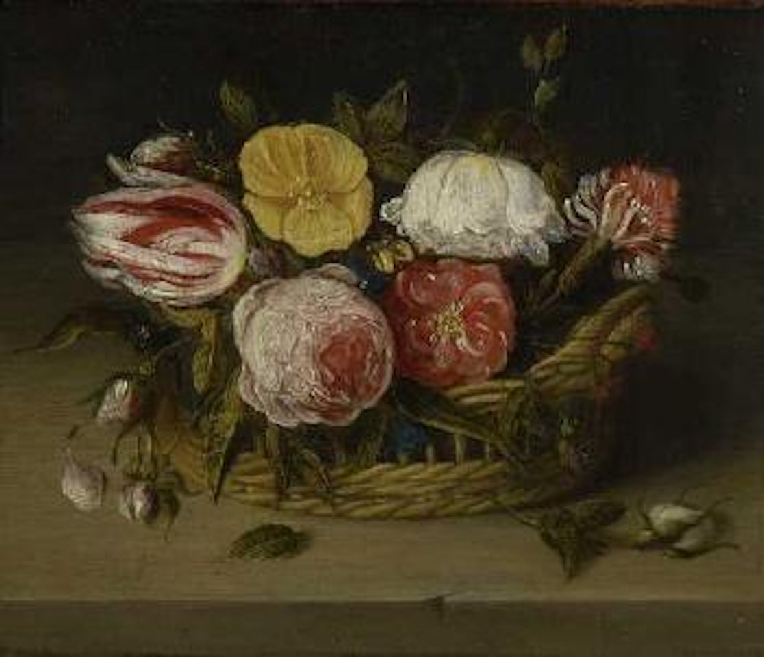 Blumenstillleben, Rosen, Tulpen und Nelken in einem Korb auf einer Tischplatte by Jan Van Kessel The Elder
