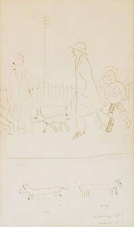 Studies of people and dogs with a church. Studies of people and dogs by Laurence Stephen Lowry