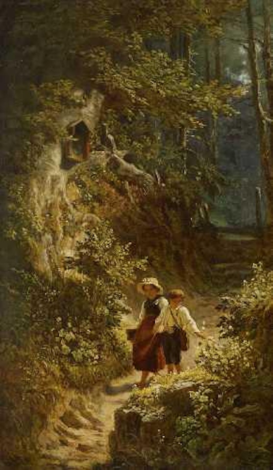 Kinder im Wald, zwei Schulkinder, ein Mädchen mit Schultafel und ein Knabe mit Umhängetasche, auf dem Waldpfad by Carl Spitzweg