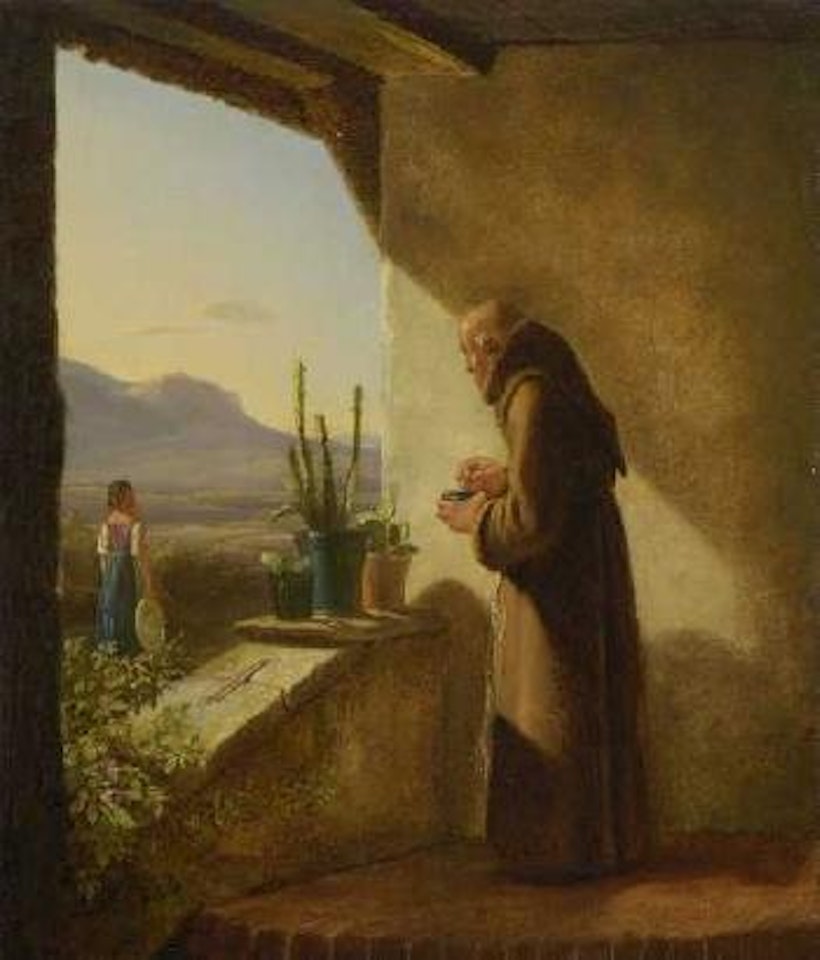 Mönch tabakschnupfend nach der linken Seite sehend, Ausblick auf bergige Landschaft im Abendlicht by Carl Spitzweg