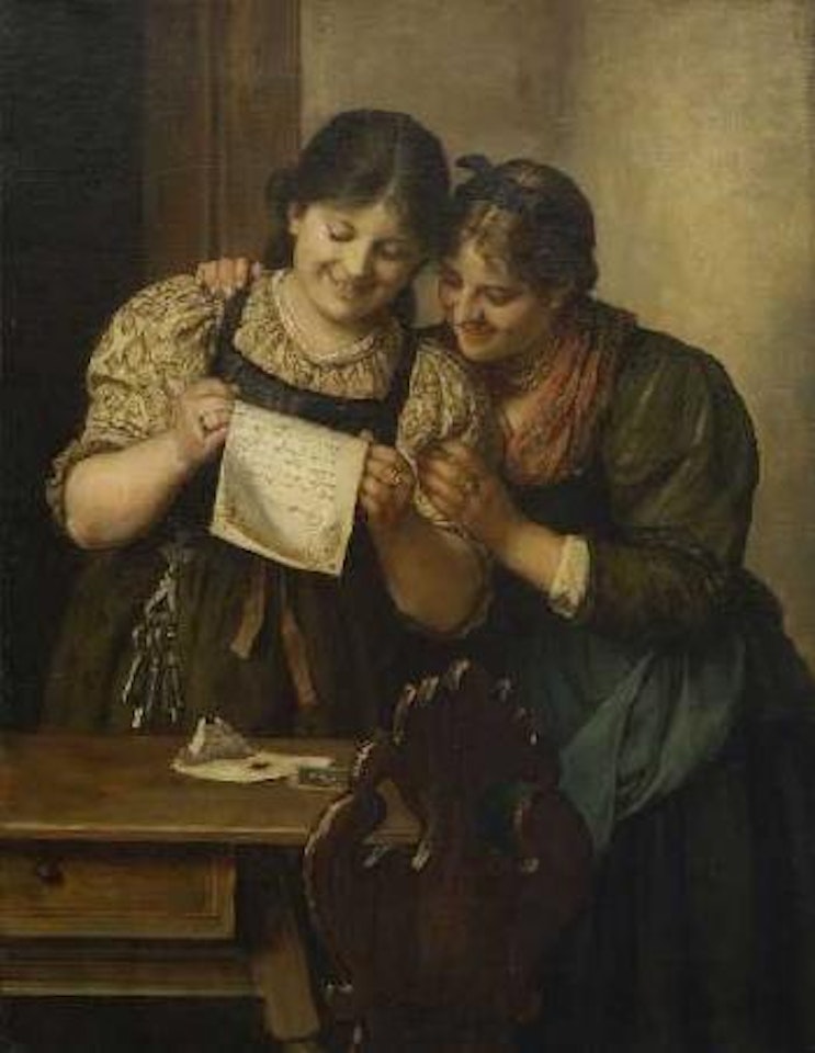 Liebesbrief, zwei Dirndl beim Studium des Schriftstückes, auf dem Tisch, neben dem Briefumschlag, ein beigelegtes kleines Bildnis des Absenders by Franz von Defregger