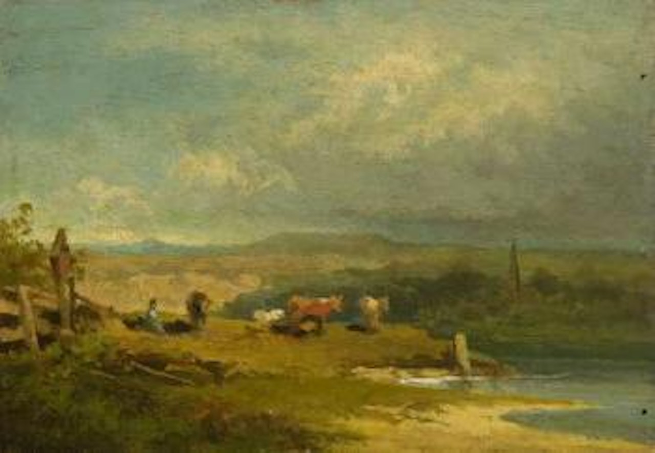 Voralpenlandschaft mit weidenden Kühen und Hirten am Dorfweiher by Carl Spitzweg