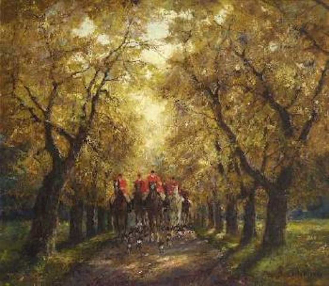 Herbst, Parforcejäger mit ihren Hunden auf dem herbstlichen Waldweg by Otto Pippel