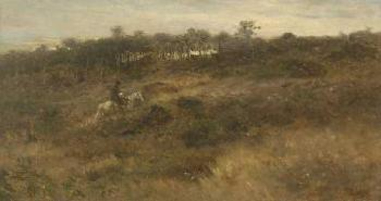 Landschaft mit Reiter, Reiter auf einem Schimmel auf ansteigendem Gelände unterhalb eines Birkenwäldchens by Adolf Schreyer