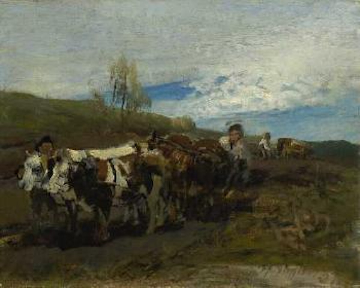 Ochsenviergespann, im Hintergrund pflügender Bauer by Heinrich von Zugel