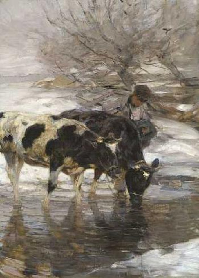 Kühe an der Tränke im Winter by Heinrich von Zugel