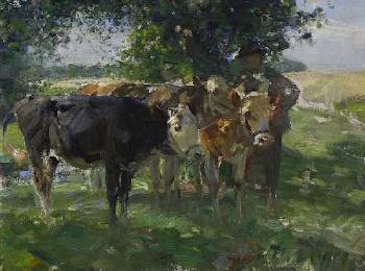 Drei Jungrinder im Baumschatten mit Hüter by Heinrich von Zugel