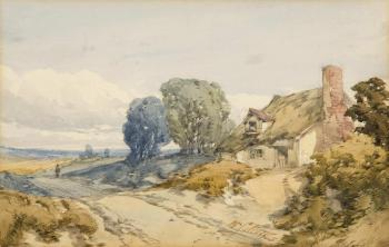 Country lane with cottage by William Callow