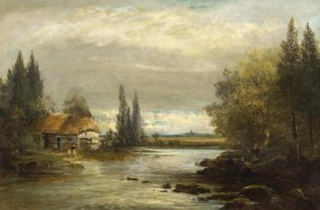 River landscape with cottage and figures by Keeley Halswelle