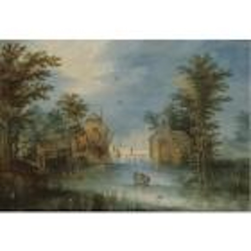 A river landscape with figures in a rowing boat before a village by Jan Brueghel the Younger
